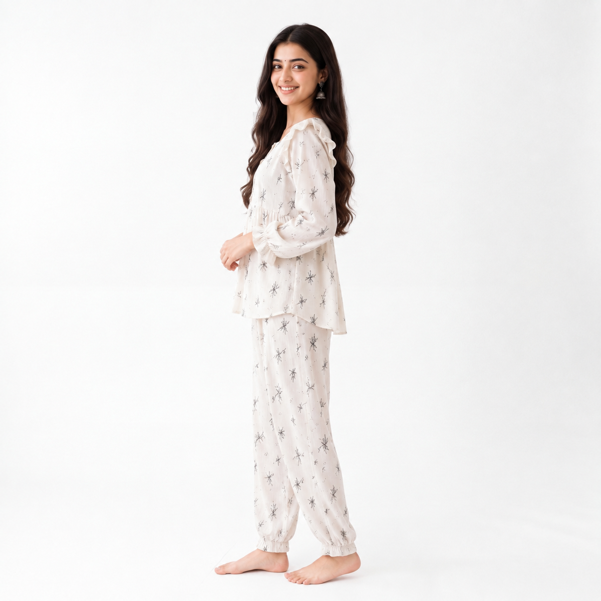 Ruffle-Sleeve Botanical Cotton Pyjama Set