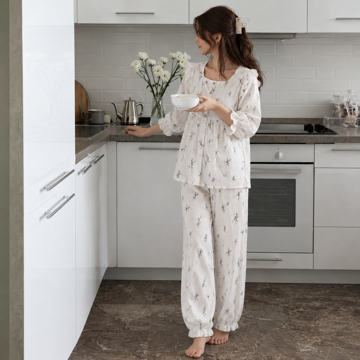 Ruffle-Sleeve Botanical Cotton Pyjama Set
