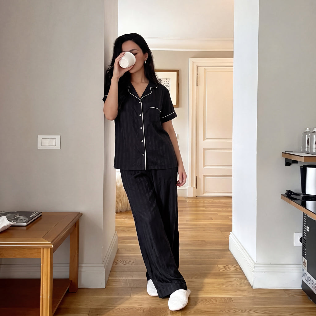 Black Satin-Stripe Pyjama Set