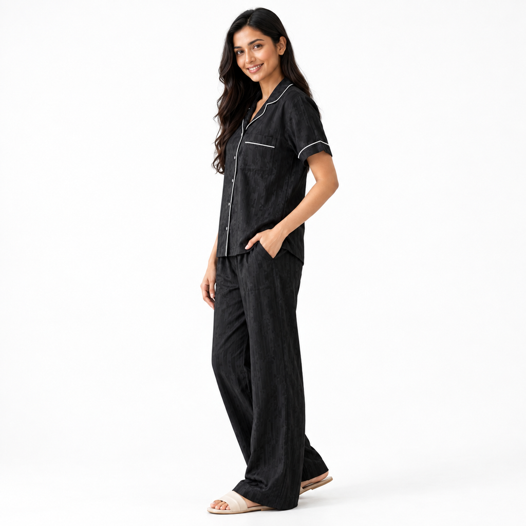 Black Satin-Stripe Pyjama Set